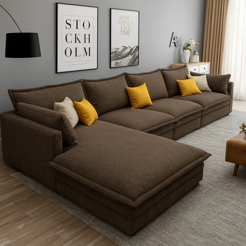 ركنه  المقاس: 300x180x85X75 cm  اللون: بني  الخامه : كتان  اسفنج كثافه 33