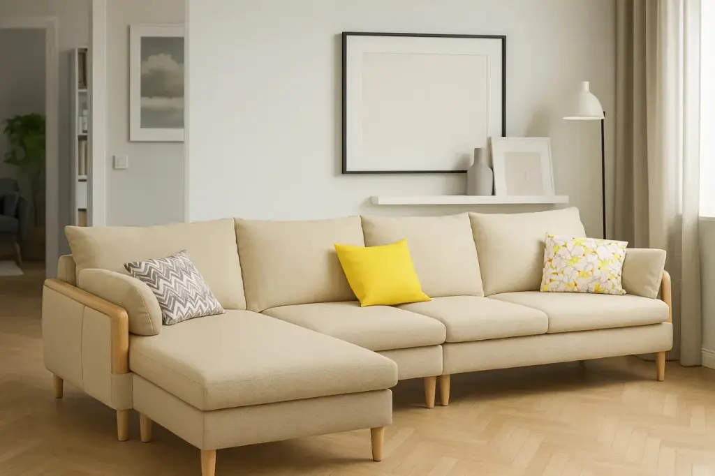 خشب طبيعي  اسفنج 33  خامه  كتان  المقاس:- 350x180x90x75 cm  اللون: بيج